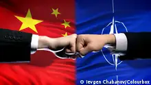 China vs NATO conflict, international relations crisis, fists on flag background