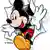 Mickey Mouse opening a white page like a curtain, with a comic strip in the background.