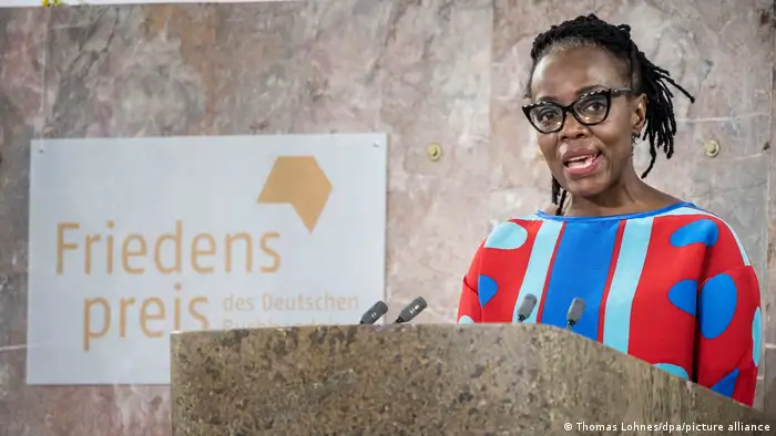 Simbabwean author Tsitsi Dangarembga giving a speech as she received the Peace Prize of the German Book Trade 2021 in Frankfurt, Germany