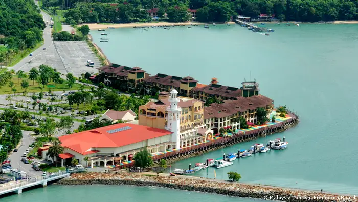An areal view of buildings on the edge of the water in Langkawi.