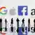Logos of Google, Apple, Facebook, and Amazon in the background; in the foreground, the silhouettes of several small plastic figurines of humans