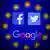Facebook, Twitter and Google logos displayed on a phone screen and European Union flag. (Photo Illustration by Jakub Porzycki/NurPhoto)