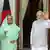 Sheikh Hasina and Narendra Modi wave at cameras in 2022