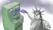 Карикатура: американская "Статуя Свободы" стоит перед банкоматом и протягивает к нему руку с картой Visa.