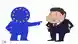 Карикатура о возможном введении Евросоюзом санкций в отношении Китая: человечек в цветах флага ЕС показывает пальцем на лидера КНР Си Цзинпиня. Последний стоит, уперев руки в бока.
