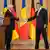 German President Frank-Walter Steinmeier (left) shakes hands with Romanian President Klaus Iohannis (right), Cotroceni Presidential Palace, Bucharest, Romania, Wednesday, May 24, 2023