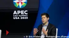 16/11/2023 *** File - Sam Altman participates in a discussion during the Asia-Pacific Economic Cooperation (APEC) CEO Summit, Thursday, Nov. 16, 2023, in San Francisco. The board of ChatGPT-maker Open AI says it has pushed out Altman, its co-founder and CEO, and replaced him with an interim CEO. (AP Photo/Eric Risberg, File)